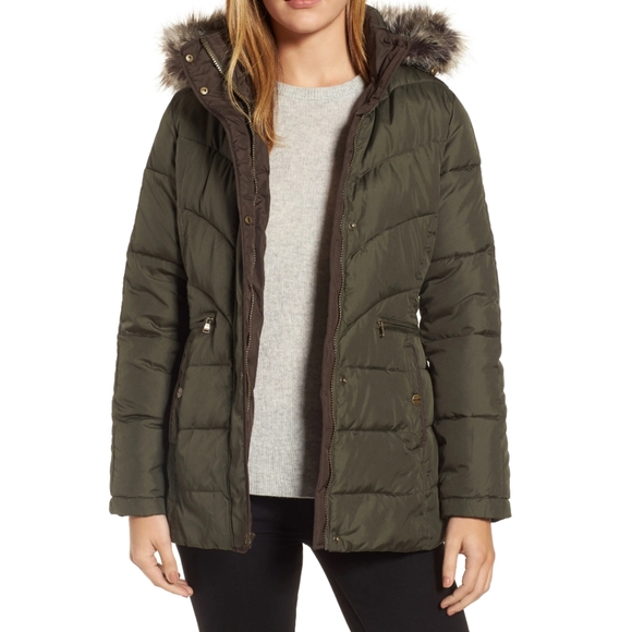 Larry Levine Olive Quilted Coat With Faux Trim - Picture 1 of 6